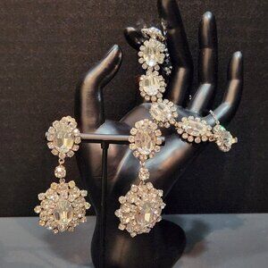 Vintage Rhinestone  Bracelet and Dangle Drop Clip On Earring Set Western Germany